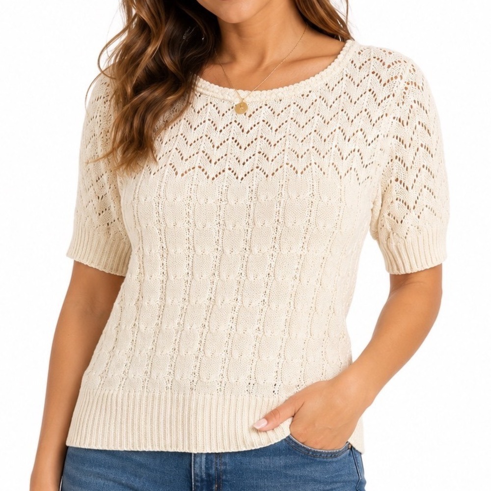 VTG Cuddle Knit Cable Sweater Womens S Ivory Cottagecore Made USA Short Sleeve